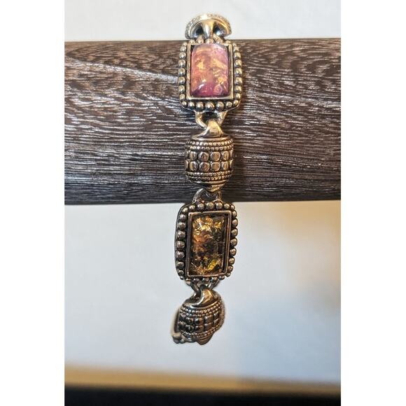 Antiqued Silver Tone Faux Multi-Color Opal Station Bracelet W/ Magnetic Clasp - Picture 3 of 6